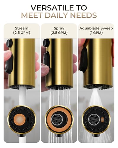 Pull Down Faucet Sprayer Head Replacement, Gold 3 Function Pull Out Spray Head Nozzle with 9 Adapters for Kitchen Sink Faucet, American Standard for Moen Kohler Delta G1/2 Male Connector - color: Gold