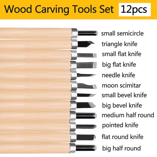 Wood Carving Tools Set, 12-Pcs Wood Whittling Kit with Canvas Roll Bag, Wood Carving Knife Kit for Beginners, Kids & Adults, DIY Craft Gift Set