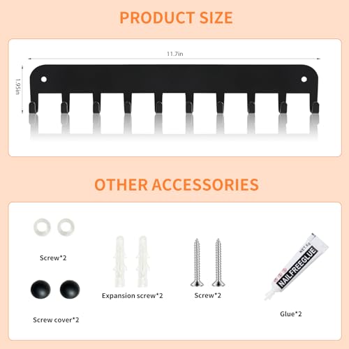 2 Pack Key Holder Wall Mount, 10 Hooks Car Key Holder for Wall, No Drilling Required, Key Rack Adhesive, Keys Hanger on Wall, Key Rack Wall Mount for Entryway, Living Room, Hallway (Black) - color: Black