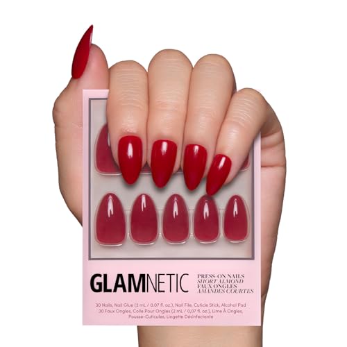 Glamnetic Press On Nails - Short Almond, Glossy Fake Nails 30 Pc Full Kit - color: 3C - Classic Red