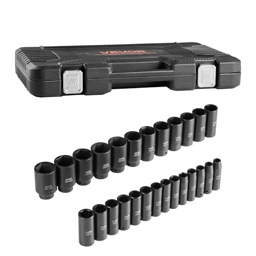 VEVOR Impact Socket Set, 26pcs x 1/2inch Metric 10mm-36mm Impact Sockets, 6-Point Deep Socket Rugged Construction High-torque, Cr-V 1/2 Inches Drive Socket Set Impact with a Storage Cage - size: 1/2" 26PCS