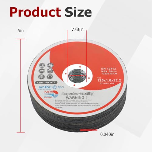 25 Pack 5" x.040 x7/8" Cut-Off Wheel - Metal & Stainless Steel Cutting Discs for Steel, Aluminum, Other Alloys - size: 25pcs 5"*0.040"*7/8"