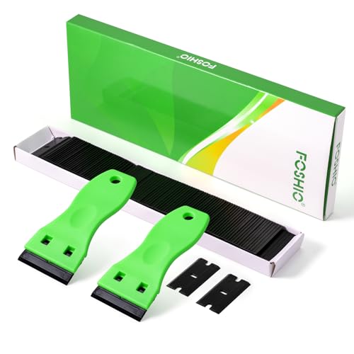 FOSHIO 2PCS Plastic Razor Blade Scraper Tool and 100PCS Plastic Blades for Gasket Remover, Sticker Remover, Labels Decal and Adhesive Remover for Windows and Glass (Lime Green) - color: Lime Green
