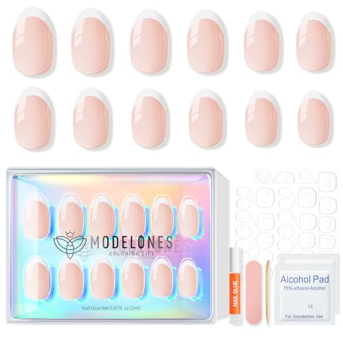 modelones French Tip Press On Nails, Short Oval Fake Nails Nails Press Ons