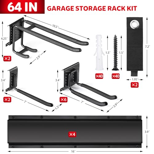 64 Inches Garage Tool Organizer Wall Mount, Tool Storage Rack Wall Mount, Heavy Duty Garden Wall Organizer System for Yard, garage and Shed, Tool Holder for Hanging Rake Snowboard Broom Mop - size: 64" Alloy Steel