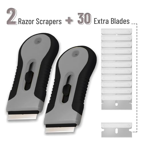 Bates- Razor Blade Scraper Tool, 2 Pack, 30 Extra Stainless Steel Blades, Anti-Slip Ergonomic Handle Design, Razor Scraper Set for Cleaning Window, Paint, Oven, Glass, Stove - color: Black & Gray