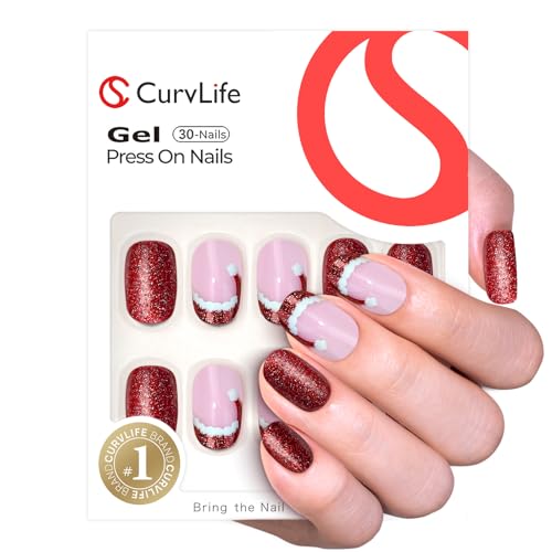 CurvLife Medium Oval Press On Nails, Santa Hat, Soft Gel - color: Santa Hat Nails