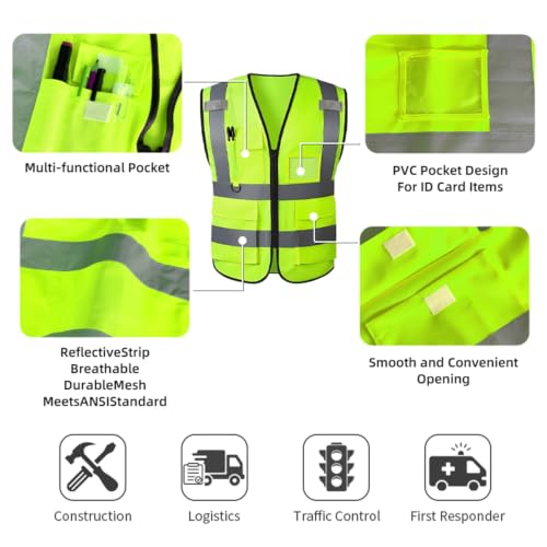 High Visibility Safety Vest with Reflective Strips & Pockets - color: Green, size: Large