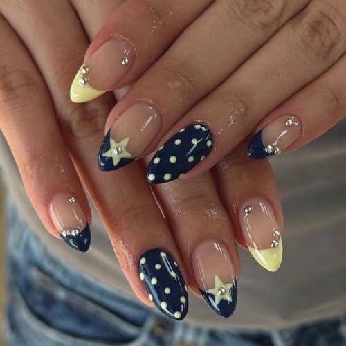Short Almond Press On Nails Blue Yellow with Y2K Star Polka Dot - color: Style23
