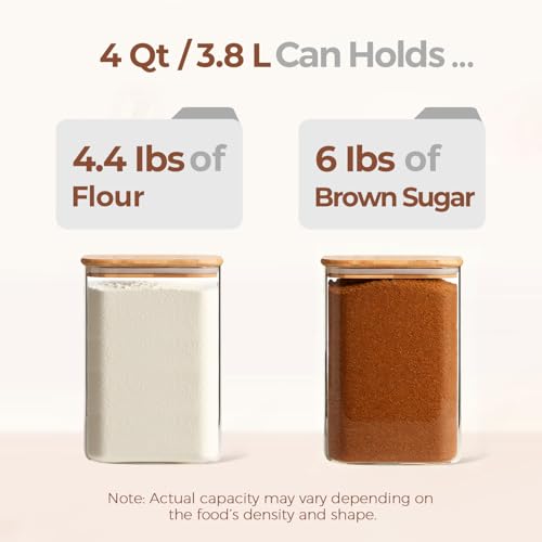 ComSaf Flour Sugar Storage Containers 4 Qt, Set of 2 Glass Flour Container | 1 Gallon Large Glass Storage Containers, 15cm Extra Wide Mouth Canisters, Easy Clean and Scoop, 4.4lb Flour Jar, BPA Free - size: 4Qt*2