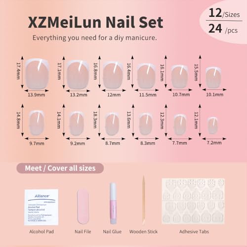 White French Tip Press On Nails, Extra Short Square Designer, Reusable Acrylic Fake Nails with Glue, Glossy Soft Gel Nails for Wedding and Party, Stick On Glue On Nails for Women - Gift - color: DZ020- Extra Short French, size: 24 Pieces (Pack of 1)