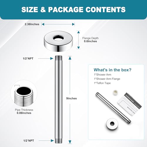 BRIGHT SHOWERS Shower Arm with Flange for Rainfall Shower Head, 9 Inch Ceiling Mount Straight Arm, Replacement Extension Pipe, Heavy-Duty Stainless Steel, Rust-Resistant, 1/2" NPT, Chrome - color: Chrome, style: 9 Inch
