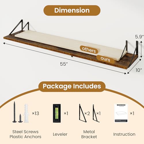 Acovy Deep Floating Shelves,55" Wx10 D Wood Wall Shelves Set of 2,Long Wood Floating Shelf with Metal Brackets,Floating Bookshelf for Living Room,Kitchen,Office,Bedroom,Decor Storage,Rustic Brown - color: Rustic Brown, size: 55"Wx10"D-2pcs