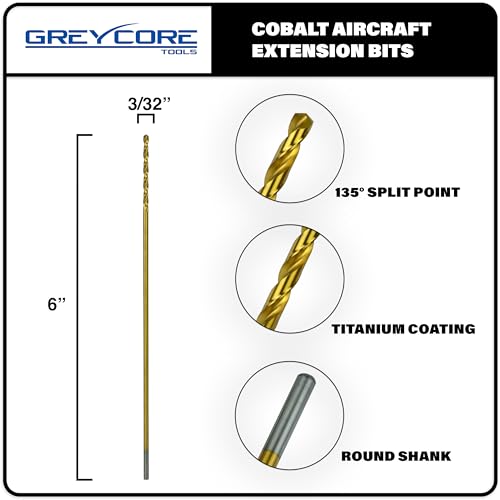Greycore Tools 3/32 Inch x 6 Inch Cobalt Aircraft Extension Bit – 2 Pack M35 Cobalt Drill Bit, Industrial Titanium Coating – Drill Bits for Steel, Hard Metal, Cast Iron, Wood, Plastic (3/32" x 6") - size: 3/32" x 6", style: 6" Length