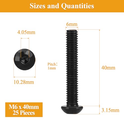 25 Pieces M6 x 40mm Button Head Socket Cap Screws, Thread Pitch 1.0mm, Sutemribor M6 Black Screws, 10.9 Grade Alloy Steel, Black Oxide Finish, Fully Threaded - size: M6 x 40mm, style: Button Head