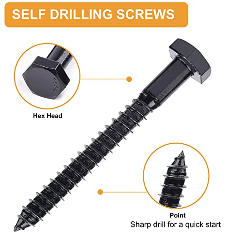 1/4" Hex Lag Bolts Stainless Steel 18-8 (304), VIGRUE 108PCS Black Oxidized, Hex Lag Screws Heavy Duty Wood Screws Washers Assortment Kit, Length Include 1" 1-1/2" 2" 2-1/2" 3"