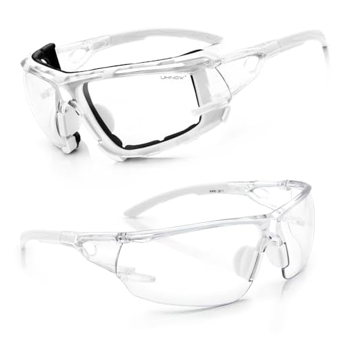 UKNOW Safety Glasses - Anti Fog Wraparound Lenses - Removable Foam Gasket - ANSI Z87.1 Protective Eyewear - Impact Resistant - color: White