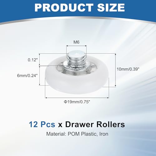 uxcell 12Pcs 19mm Drawer Rollers, M6 x 0.12" Thread Plastic Positioning Pulleys Curved Surface Small Drawer Pulley Bearing Replacement Wheel for Furniture Parts Cabinet Cupboard Slides - size: 19mm M6 x 0.12"
