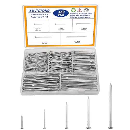450pcs Hardware Nails Assortment Kit, Stainless Steel 304 Nails Kit, Wall Nails Kit,5 Size Picture Hanging Nails, Wood Nails, Finishing Nails(0.8inch,1inch,1.5inch,2inch,2.5inch) - size: 450pcs Nails Kit
