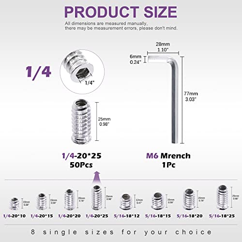 Swpeet 50Pcs 1/4" - 20 x 25mm White Zinc Plated Carbon Steel Carbon Furniture Screw in Nut Threaded Wood Inserts Threaded Inserts Bolt Fastener Connector Hex Socket (1/4" - 20 x 25mm) - size: 1/4" - 20 x 25mm