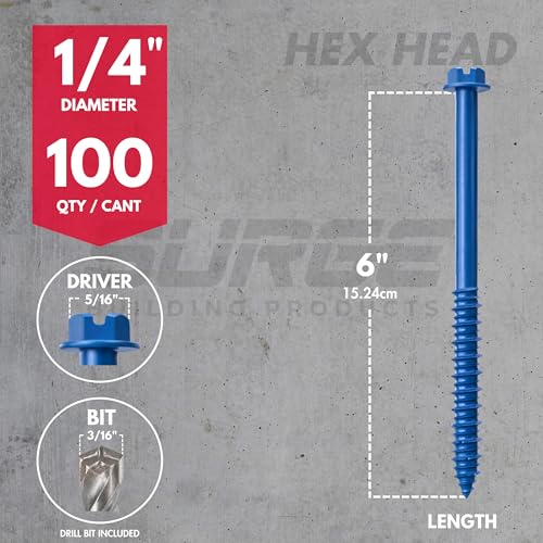 1/4" x 6" Hex Head Blue Concrete Screws with Drill Bit (Box of 100) - size: 1/4" x 6"