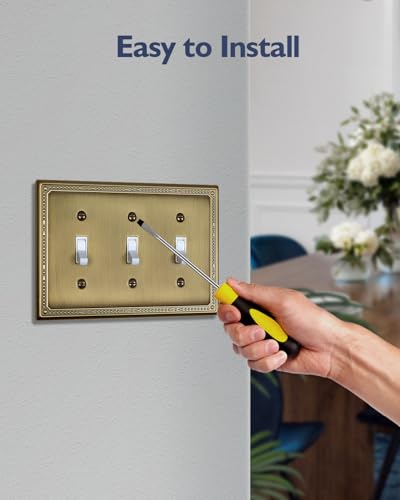Switch Plates Outlet Covers, 1-Pack Antique Brass Metal Wall Plate - color: Antique Brass, size: 3 Toggle 1PK