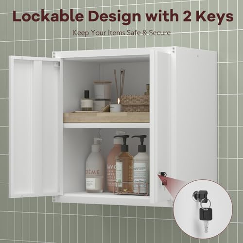 Metal Wall Cabinet, Steel Locking Cabinet for Office, Home Office Cabinets with Doors and Shelves, Garage Cabinets for Utility Room, Laundry Room - color: 28"h - White