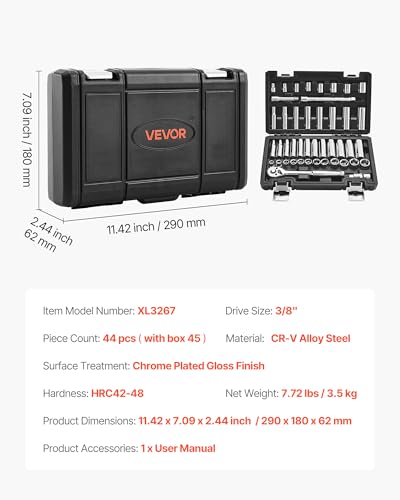 VEVOR Socket Set, 44 Pieces, 3/8 inch Drive Socket and Ratchet Set, SAE and Metric, Deep and Shallow, Mechanic Tool Kit with Accessories and Storage Case, CR-V Alloy Steel, for Automotive Repair - size: 44-PCS