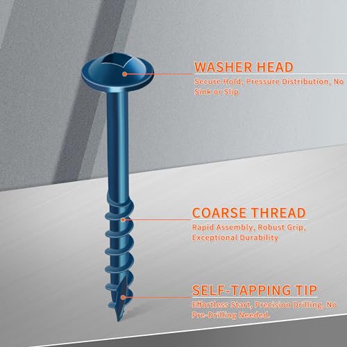 100 PCS #8 x 2 Blue Coated, Hardened Steel Pocket Hole Screws, No.8 x 2 Inch Square Drive Washer Head Wood Screw, 2" & 6" Bit Included, Partially Threaded Self Tapping by TPOHH - size: #8 X 2 inch