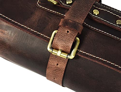 Leather Knife Roll Storage Bag, Elastic and Expandable 10 Pockets, Adjustable/Detachable Shoulder Strap, Travel-Friendly Chef Knife Case (Dark Brown, Leather) - color: Dark Brown