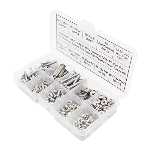 260PCS #6-32 UNC 304 SS Phillips Pan Head Screws Nuts & Washers Kit - size: #6-32UNC