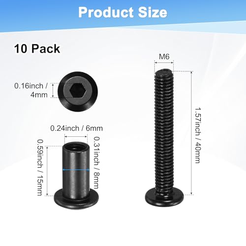 M METERXITY 10-Pack Hex Drive Socket Cap Bolt, M6 x 40mm Carbon Steel Furniture Connector Bolts Barrel Nuts for Furniture Assembly/Cabinet/DIY Binding Post Screws Rivet Fasteners [Black] - size: M6 x 40mm