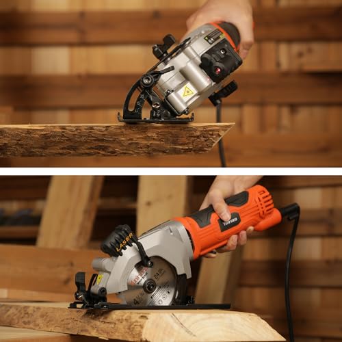 Yunirvana 4Amp 3500RPM Mini Circular Saw with Laser Guide, Vacuum Adapter, Blade Wrench and Rip Guide, Max. Cutting Depth1-5/8"(90°), 1-1/10"(45°）Compact Saw with 2 pcs 4-1/2" 24T TCT Blades - style: 4A Circular Saw