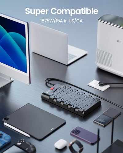 SUPERDANNY Power Strip Surge Protector, 22 AC 6 USB, 2100J, 8Ft, 1875W/15A - color: Black, size: 8 ft