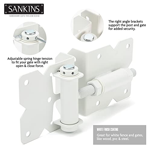 Self Closing Gate Hinges Heavy Duty Hardware Hinges for Wooden/Vinyl/PVC Fences, 90 Degree Adjustable Gate Hinge with Installation Screws and Swing Adjuster Tool, 2 Pack/Set, White - color: White