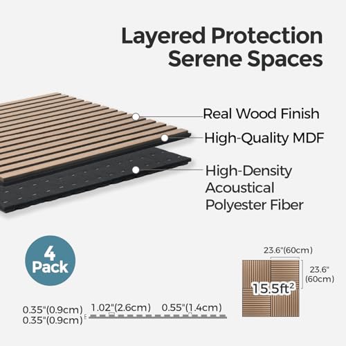 AKUMAX 4-Pack Wood Slat Acoustic Wall Panels, 23.6 x 23.6 in 3D Sound-Absorbing Panels for Walls & Ceilings, Fire-Retardant, FSC-Certified Materials, 15.5 Sq Ft, Walnut - color: Walnut