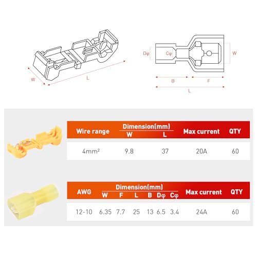 Nilight 120PCS/60Pairs Yellow T-Tap Quick Splice Disconnect Wire Terminal - size: 120Pcs 12-10AWG