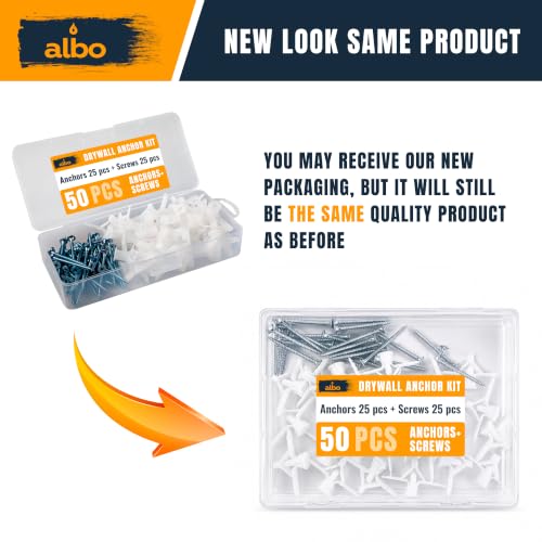 ALBO Drywall Anchor Kit Hollow Wall with Screws 50 pcs. (White Anchor 25pcs + Screws 25pcs) Plastic Hollow Wall Drilling Anchors - color: White 25pcs