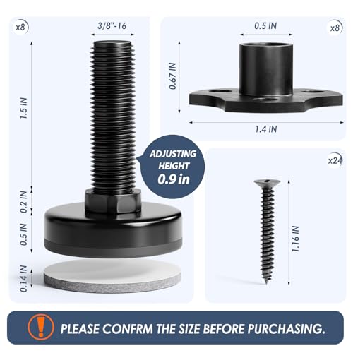 MROCO Furniture Leveling Feet 3/8"-16 UNC with T-Nuts, 8 Pack - size: 3/8"-16 / 8 Pack