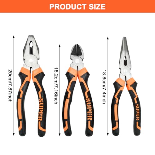 3-Piece 8 Inch Pliers Set | Needle Nose, Diagonal Cutting, Slip Joint Pliers, For Plumbing - size: 8 INCH