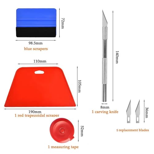 9Pcs Wallpaper Smoother Tool Kit – for Peel and Stick Wallpaper, Vinyl Backsplash Tile (1 Trapezoid Scraper + 1 Blue Long-pile Smoother + 1 Craft Knife + 5 Blades + 1 Red Tape Measure) - color: Red(9pcs)