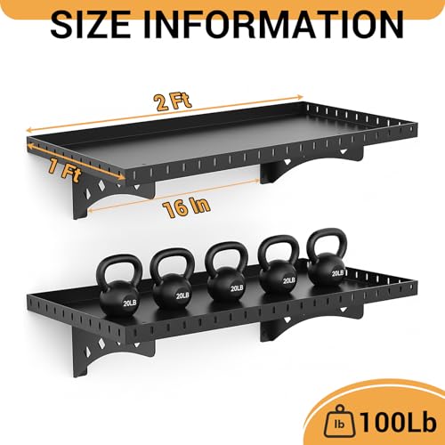 2 Pack Garage Wall Shelf, 1X2 Ft Heavy Duty Shelving, for Garage, Power Tools, Toolbox, Storage Shelves with for Workshop Office, Holds Up to 100 Lbs (Black)