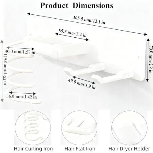 Hair Dryer Holder Wall Mounted Blow Dryer Holder Curling Iron Holder Straightener Holder 3 in 1 Bathroom Metal Hair Tool Organizer Rack (Pure White) - color: Pure White