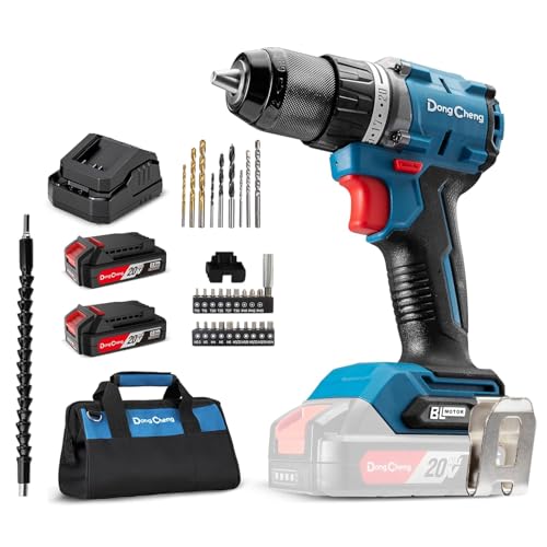 Dong Cheng 20V Brushless Heavy-duty Impact Drill, 531in-lbs, with 2 x 2.0Ah Battery, 1/2" Keyless All Metal Chuck, 20+1+1 Clutch, Cordless Hammer Drill Kit for Drilling Brick Wall, Metal, Wood - style: 531in-lbs Impact Drill