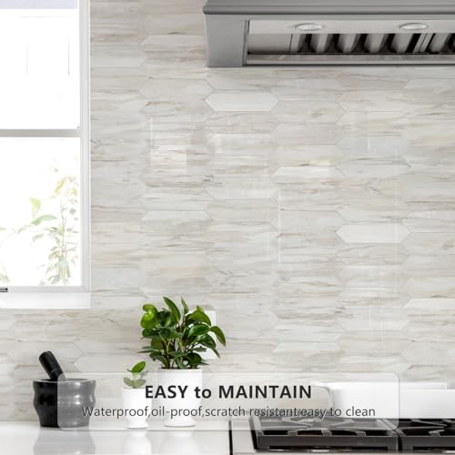Vamos Tile Glossy Wood Marble Grain Backsplash Tile Peel and Stick, 12.8 x 12.8 Inch 10 Sheets Long Hexagon PVC Self Adhesive Mosaic Wall Tiles Stick on Backsplash for Kitchen and Bathroom - color: Glossy Wood Marble Pinkish Grain