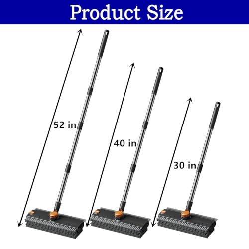 Floor Scrub Brush with Squeegee Long Handle 3 in 1 tub Brush 52'' 2026 Upgraded Multi-Functional Stiff Bristle Cleaning Scrub Brush Rotating Tile Brush for Cleaning Bathroom Patio, Pool, Garage - color: Black