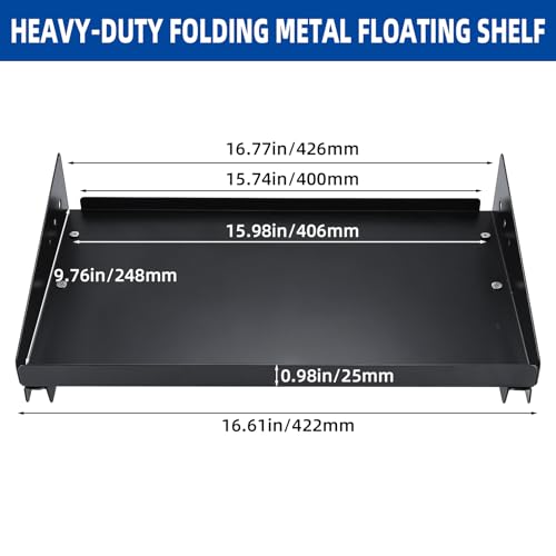 Folding Metal Floating Shelf, 17 x 10 Inch Wall Mounted Storage Rack with Lip — Holds 100LBs per Shelf, Space-Saving Foldable Design for Garage, Workshop, Kitchen & Office, Black (2 Pack)