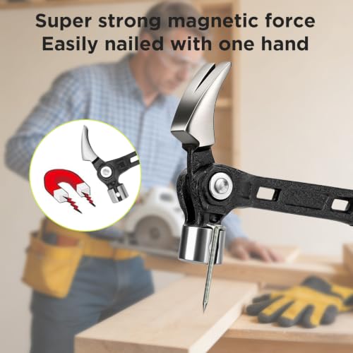 Claw Hammer with Magnetic Nail Starter, Heavy Duty Steel Framing Hammer with Shock-Absorbing Grip and Side Nail Puller for Construction, Roofing, and DIY Demolition Tools