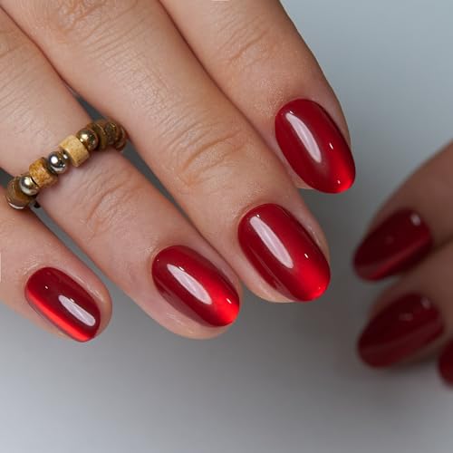 CurvLife Short Oval Cat Eye Press On Nails, Ruby Luxe Red, Soft Gel - color: C6 - Ruby Luxe