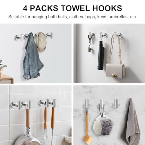 SetSail Towel Hooks for Bathrooms Screw-in 4 Packs Brushed Nickel Bathroom Towel Hook Wall Mounted Stainless Steel Shower Towel Hooks for Coat Hanging, Drill Hole - color: Silver